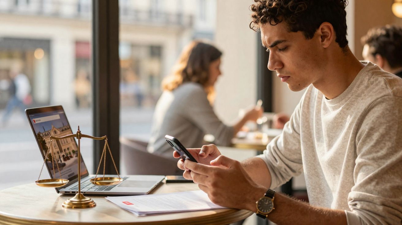 Jovem sentado numa mesa de café a usar telemóvel, com portátil e balança jurídica ao lado.