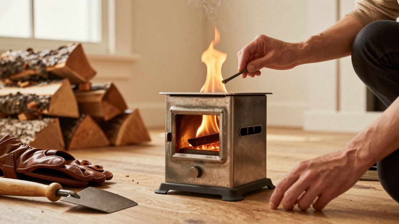 Pessoa acende fogo numa pequena lareira a lenha num chão de madeira com lenha empilhada ao fundo.