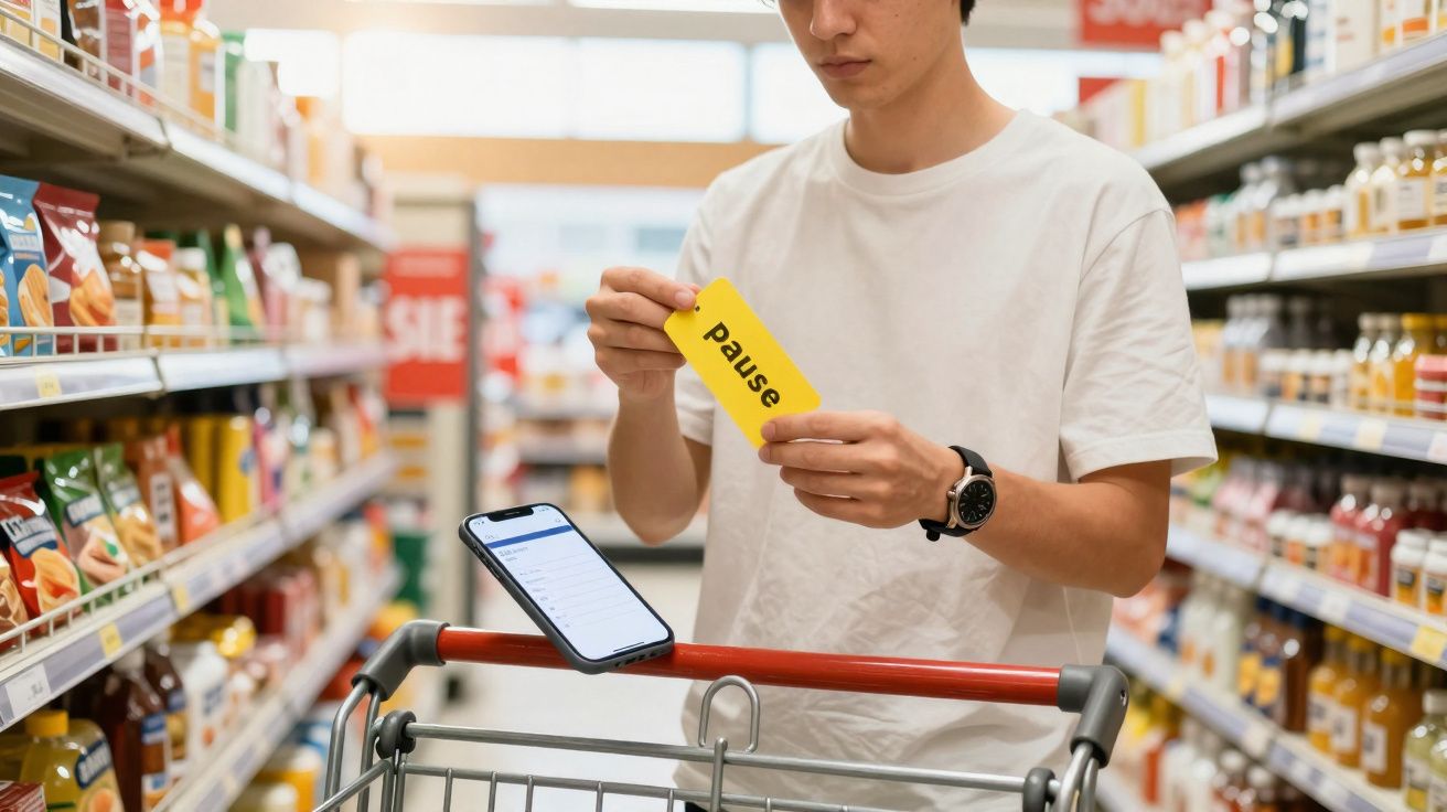 Homem de camiseta branca segura cartão amarelo com a palavra "pause" num supermercado.