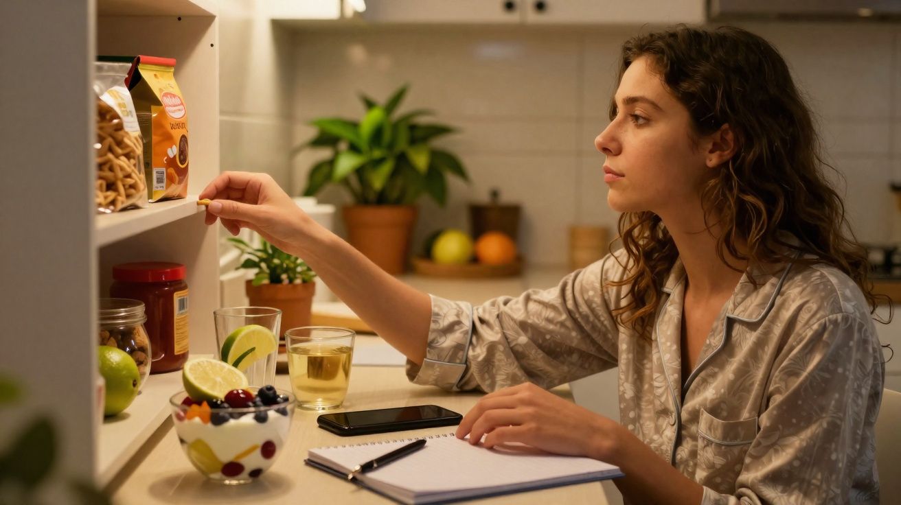Mulher em pijama a escolher alimento numa cozinha com bloco de notas e telemóvel à frente.