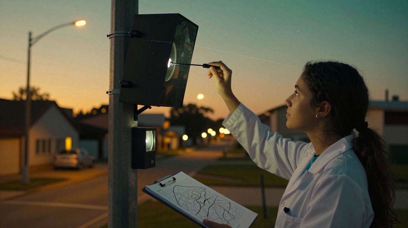 Mulher com bata branca faz medições num sensor fixado num poste, ao pôr do sol numa rua residencial.