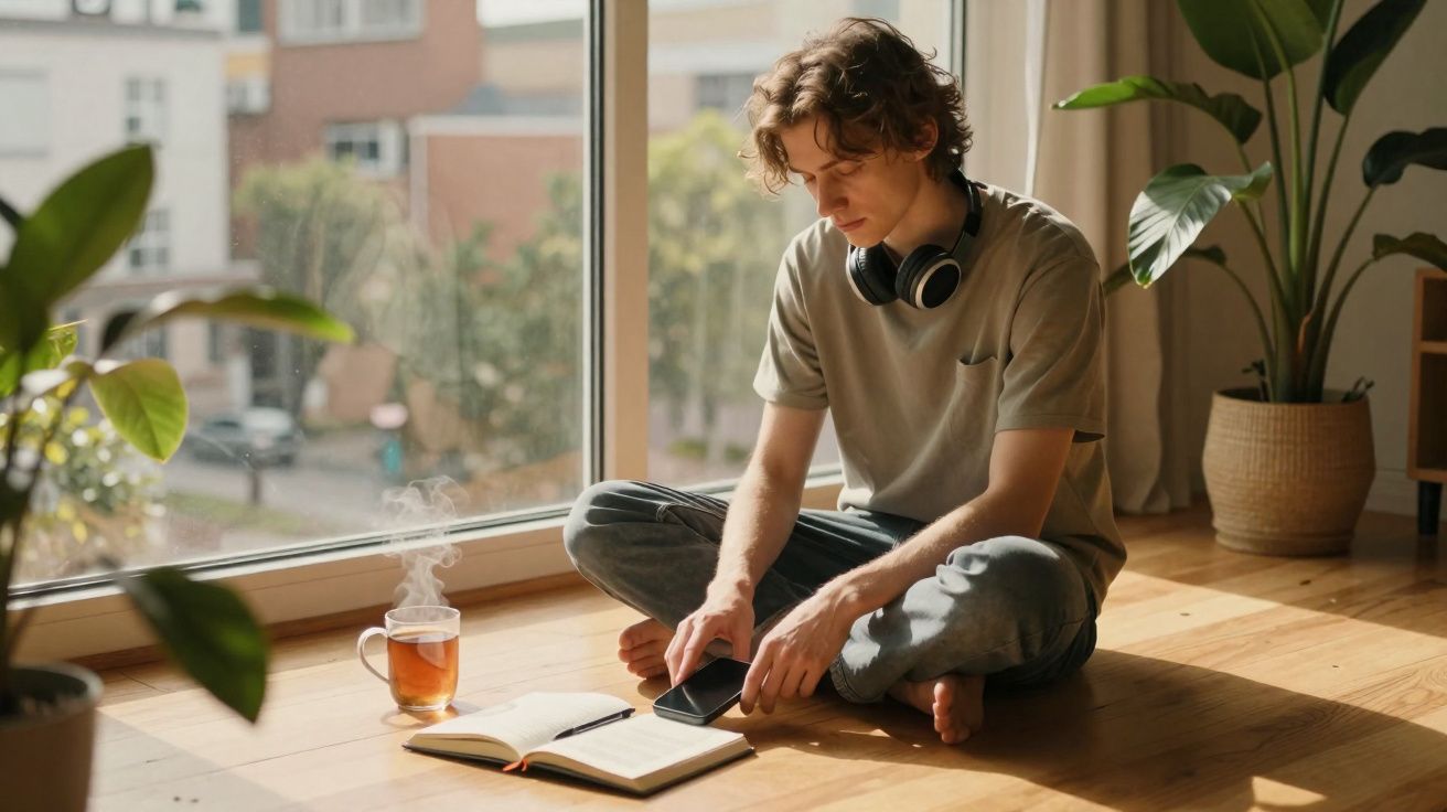 Jovem sentado no chão junto a uma janela, com auscultadores no pescoço, lendo e usando telemóvel, chá quente ao lado.