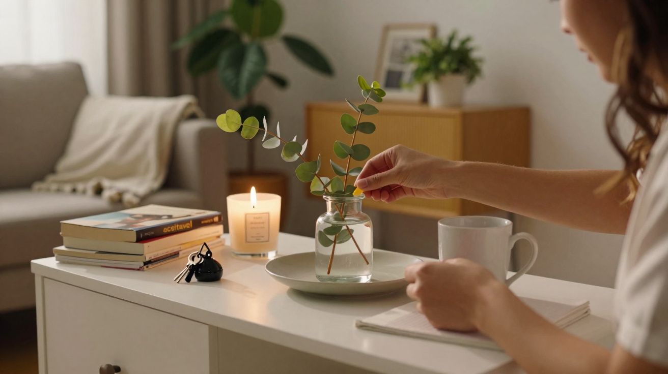 Pessoa a arranjar ramos verdes num vaso sobre uma mesa com vela, livros e chávena numa sala acolhedora.
