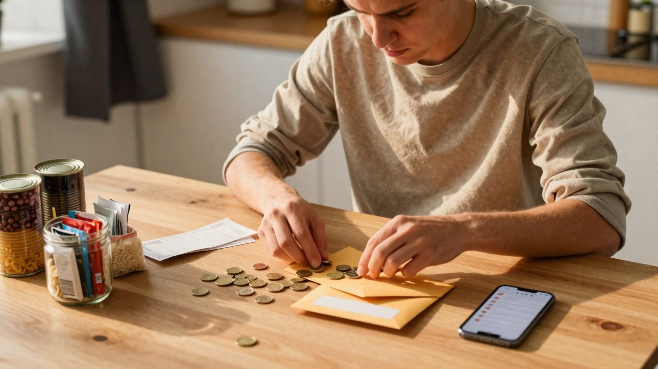 Pessoa a contar moedas numa mesa com mantimentos enlatados e smartphone ao lado.