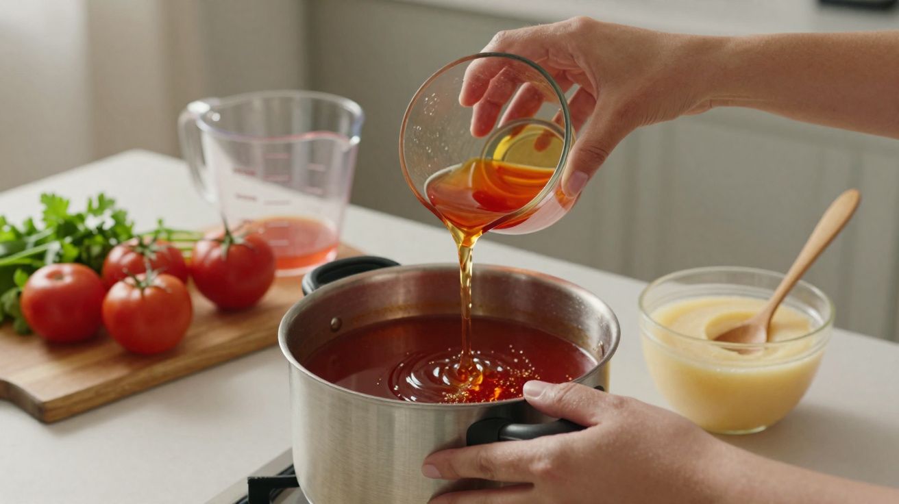 Pessoa a deitar molho numa panela, com tomates, salsa e tigela de puré numa bancada.