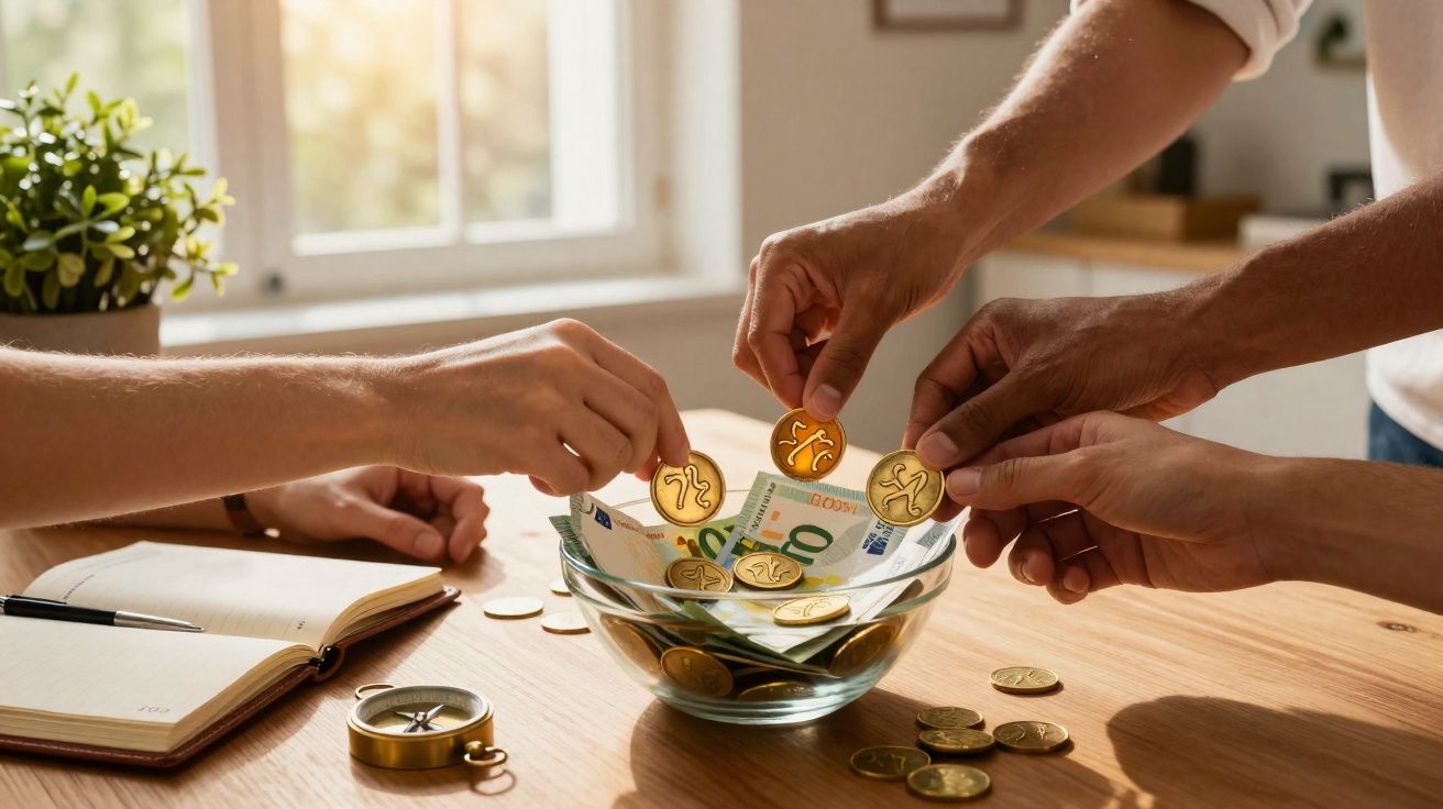 Duas pessoas a colocar moedas douradas numa taça com notas de euro numa mesa de madeira iluminada.