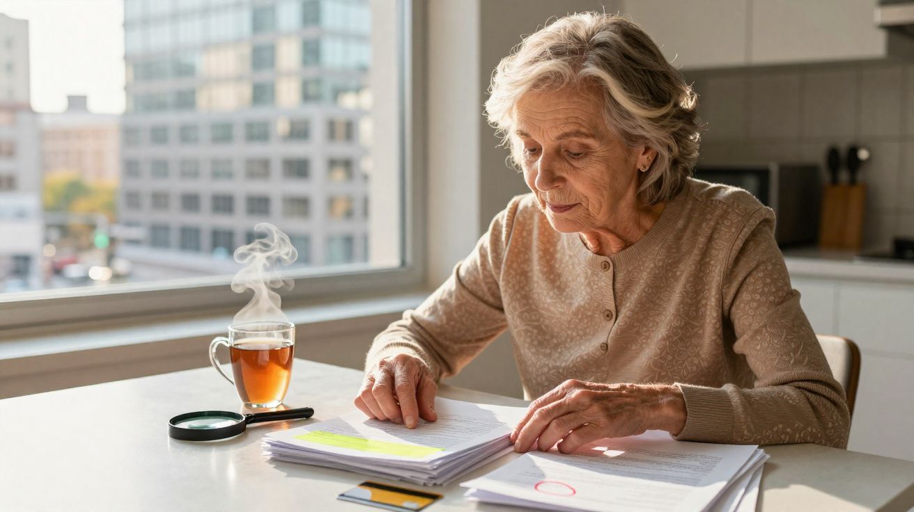 Idosa sentada a ler documentos com chá quente e lupa numa mesa junto a uma janela de cidade.