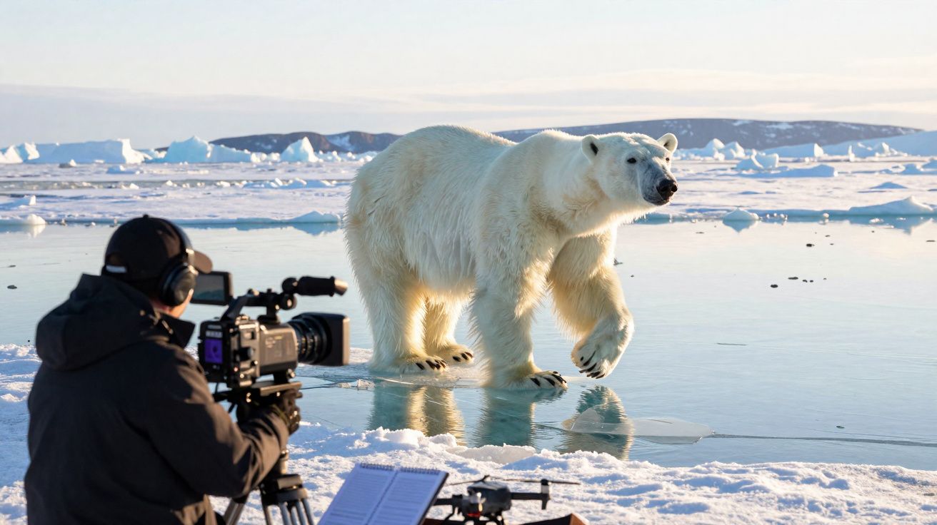 Cineasta grava urso polar caminhando sobre gelo e água no Ártico durante pôr do sol.