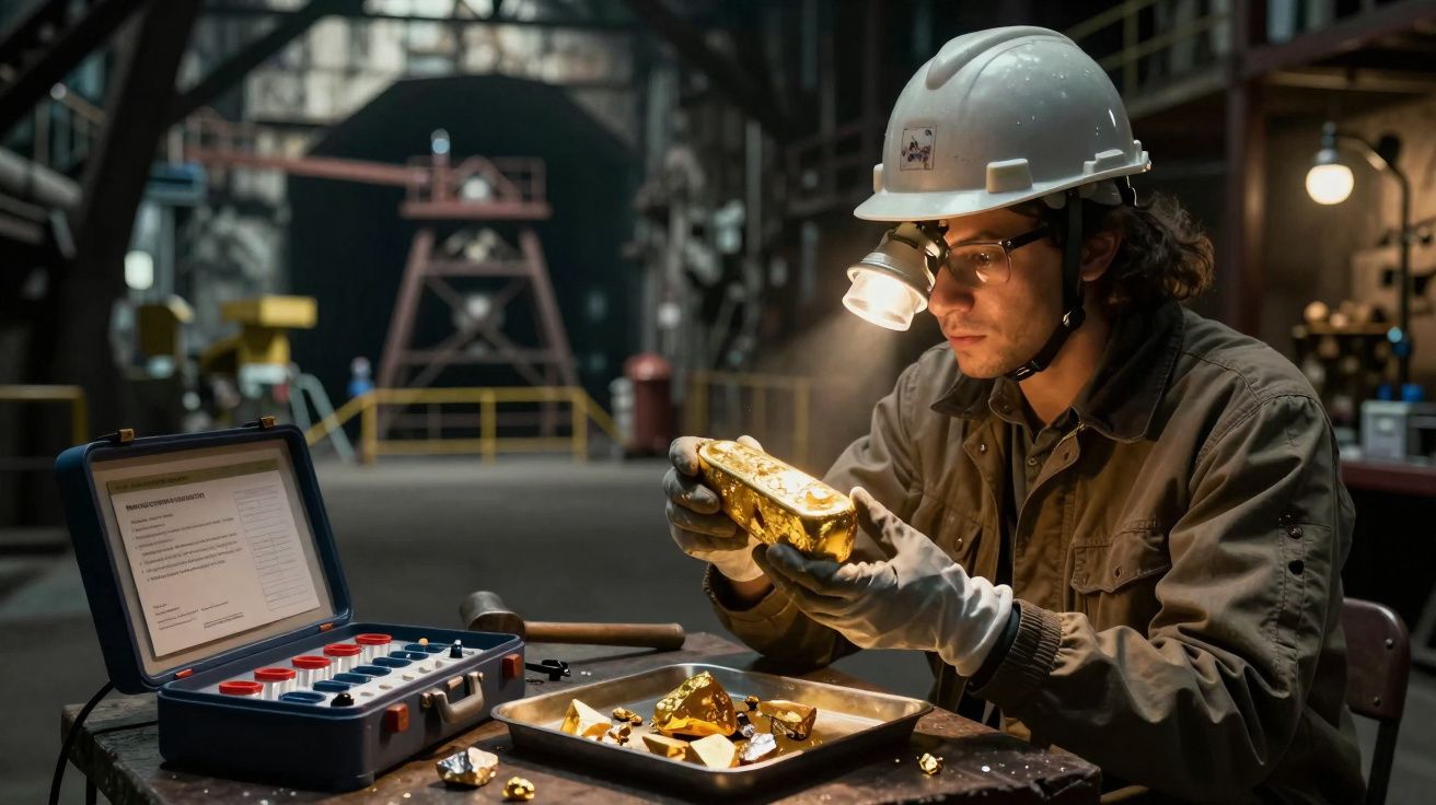 Homem com capacete e lâmpada de cabeça analisa pepita de ouro numa fábrica industrial escura.