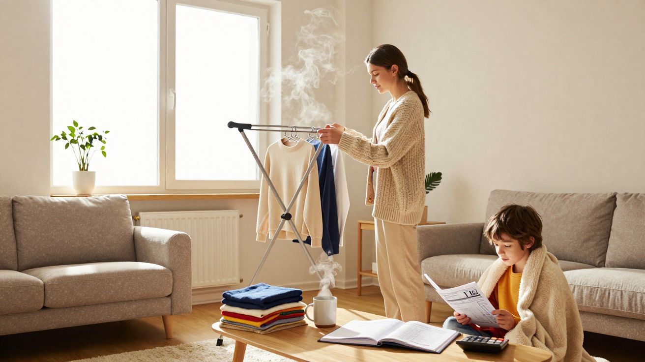 Mulher passa ferro com vaporizador em roupas enquanto criança lê livro numa sala iluminada e acolhedora.