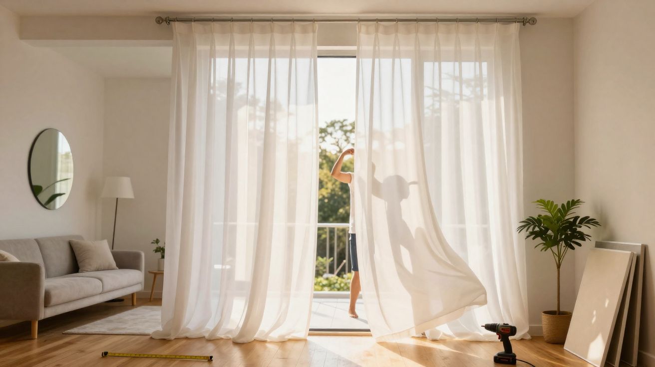 Sala de estar luminosa com cortinas transparentes, sofá cinza e sombras de pessoas na varanda.