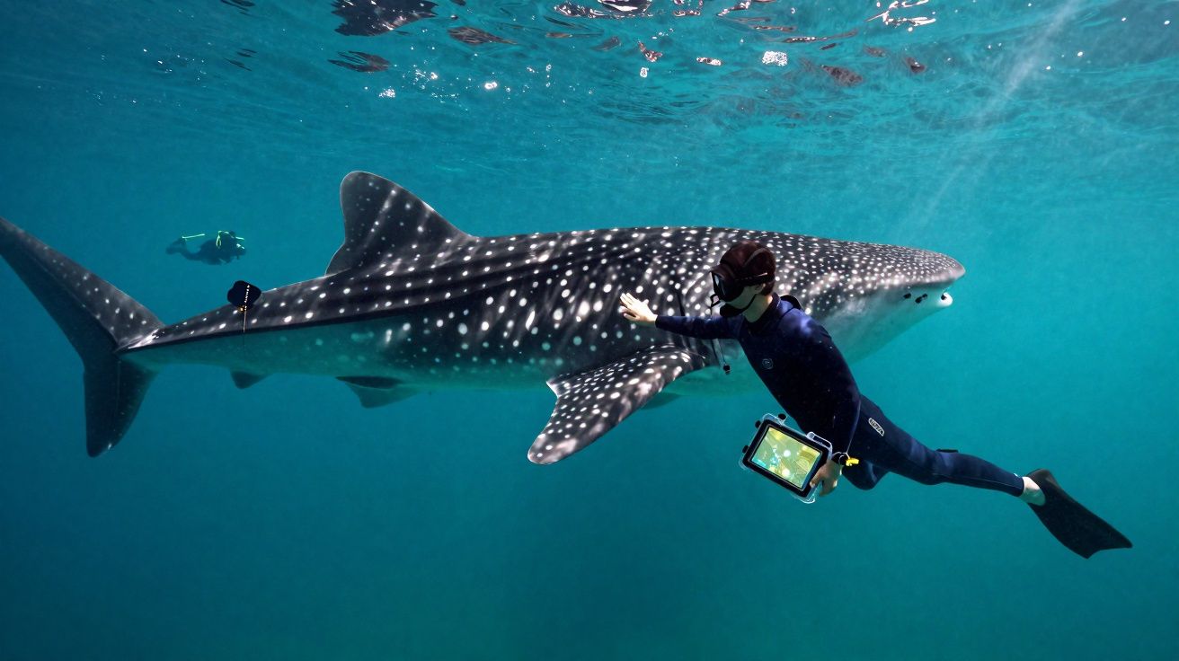 Mergulhador com pranchas a tocar um tubarão-baleia submerso em água azul.
