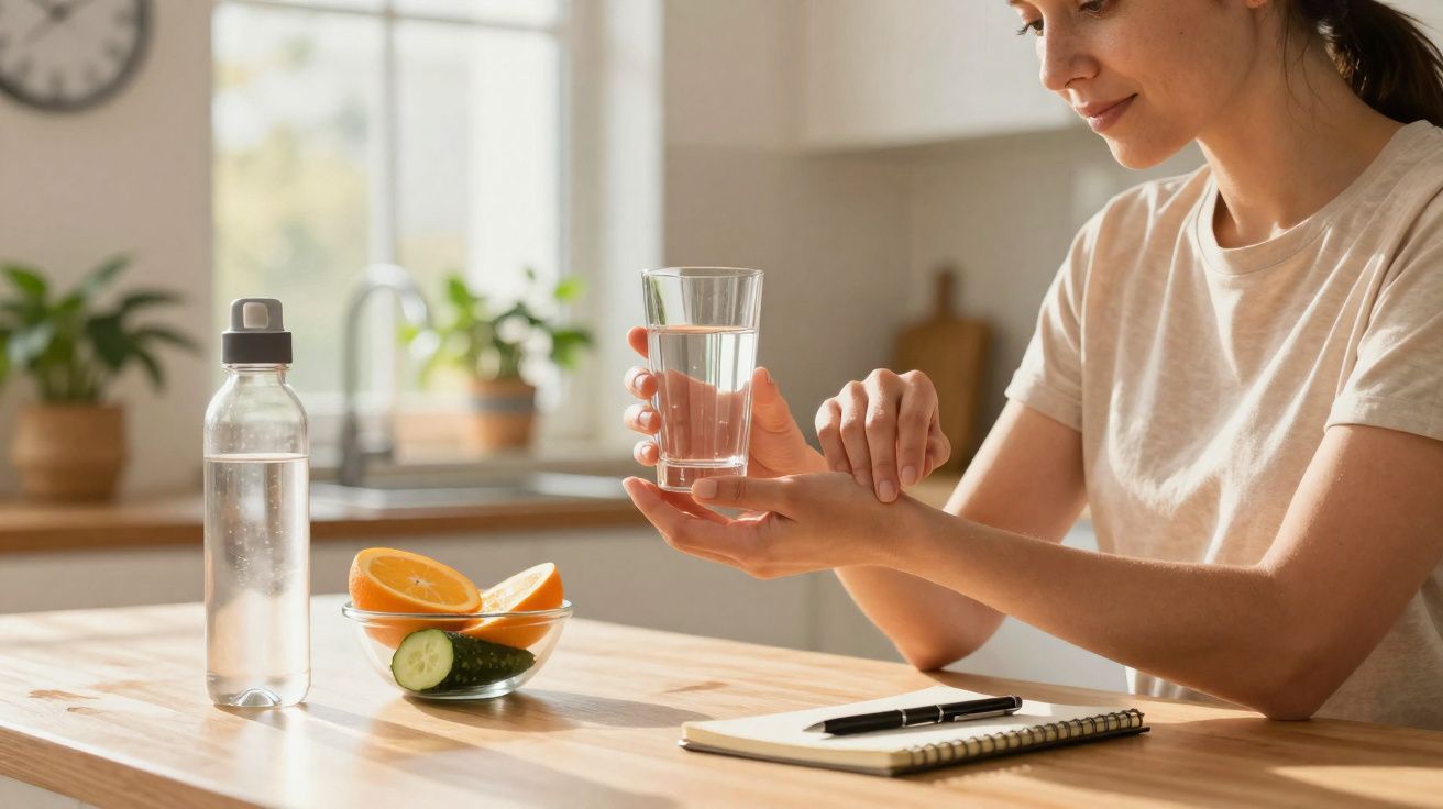 Mulher na cozinha a tomar comprimidos com um copo de água, ao lado de frutas e garrafa de água.
