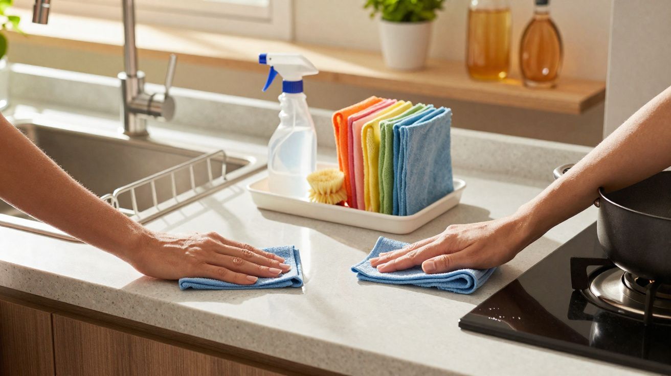 Duas pessoas limpam uma bancada de cozinha com panos azuis, perto de lava-loiças e fogão a gás.