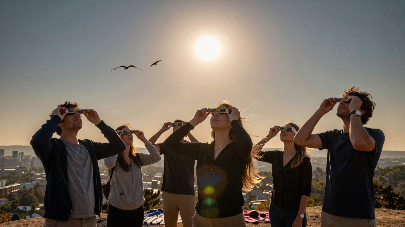 Seis pessoas observam o eclipse solar com óculos especiais ao pôr do sol num local elevado na cidade.