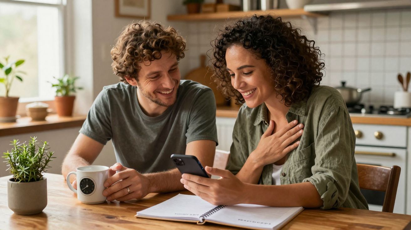 Casal sentado à mesa na cozinha, sorrindo enquanto vêem algo num telemóvel com caderno aberto à frente.