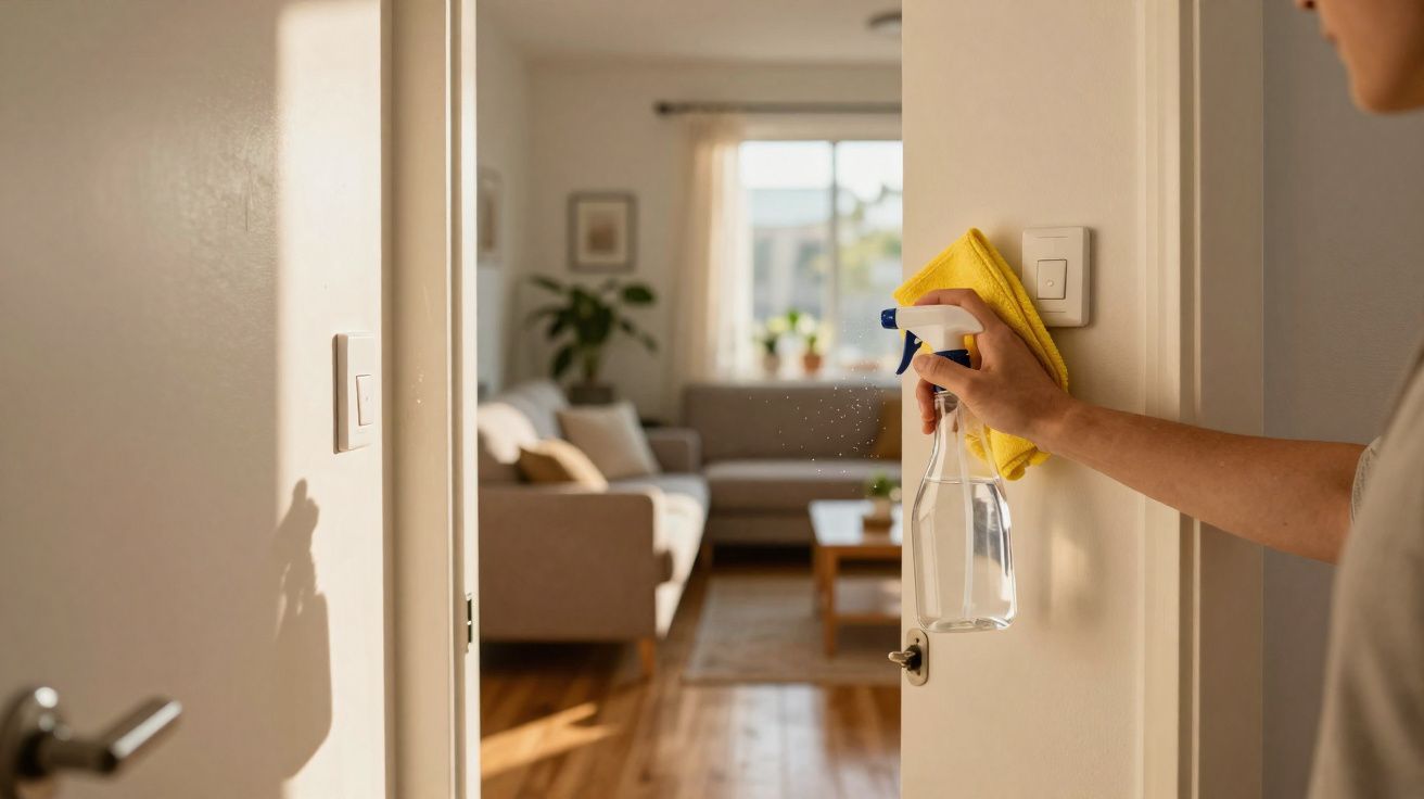 Pessoa a limpar interruptor de luz com pano amarelo e spray numa casa com sala ao fundo iluminada.