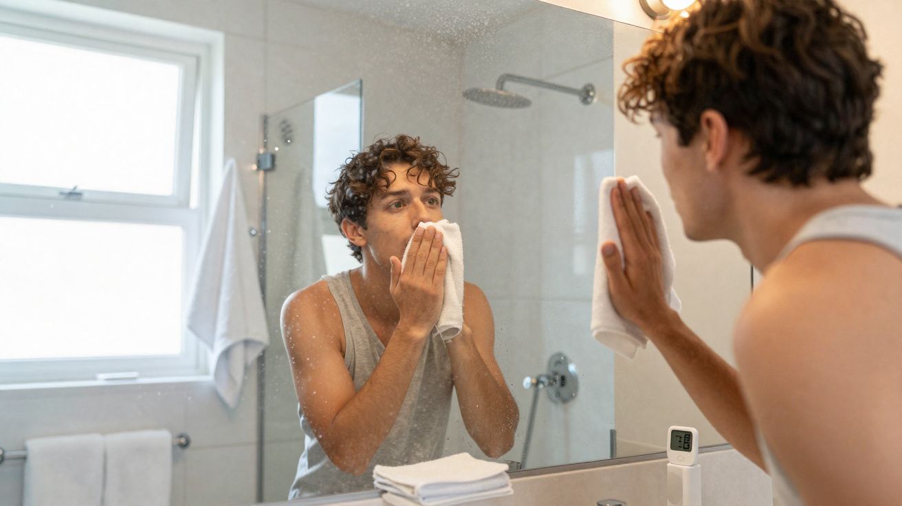 Homem jovem a limpar o espelho da casa de banho com uma toalha branca.