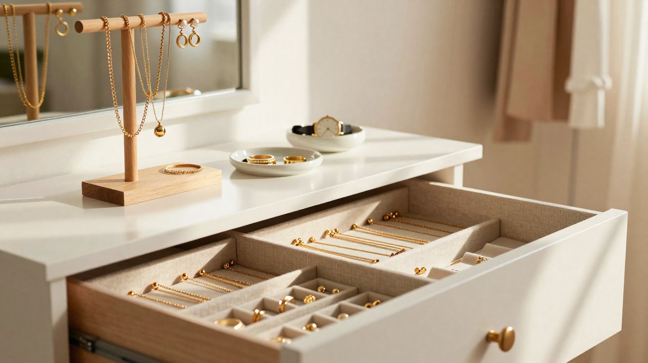 Cômoda branca com gaveta aberta cheia de bijuterias douradas, relógio e suporte de colares e brincos.