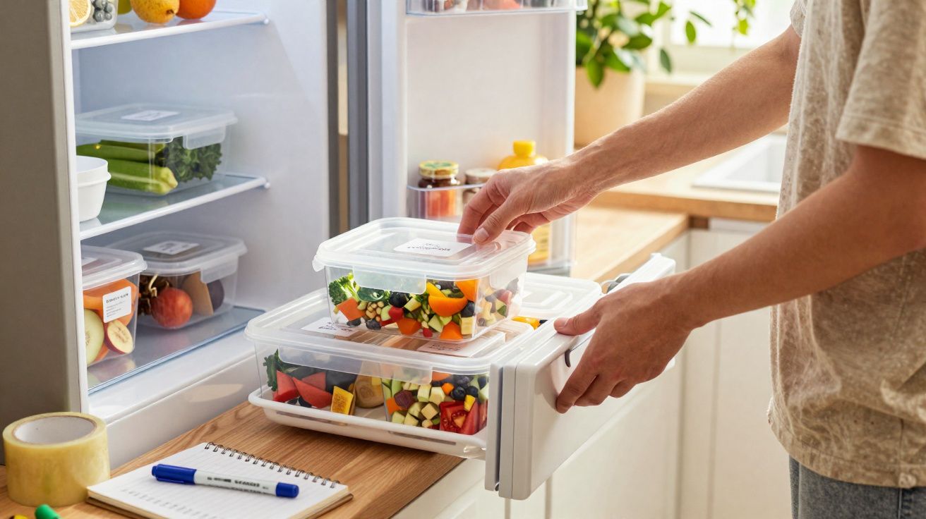 Pessoa a guardar tupperwares com salada fresca na gaveta do frigorífico em cozinha moderna.