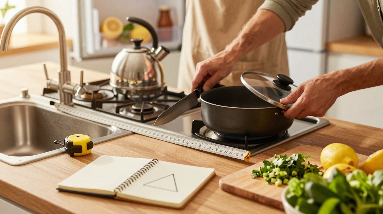 Pessoa a cozinhar e medir numa cozinha com utensílios, legumes, caderno de notas e fita métrica.