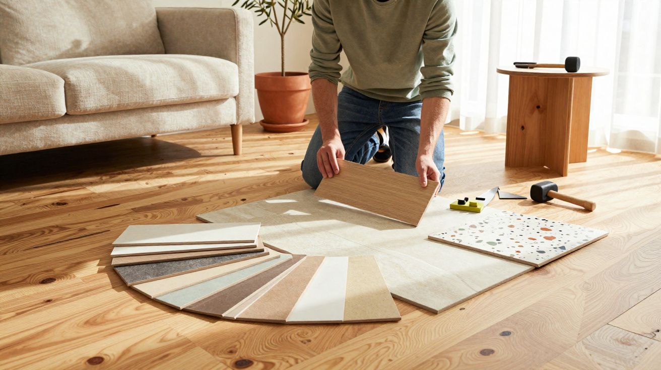 Pessoa a escolher entre várias amostras de revestimentos para chão numa sala com sofá e mesa de madeira.
