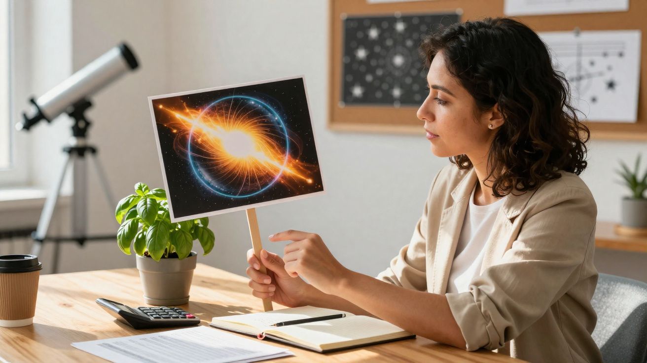 Mulher sentada à mesa segurando placa com ilustração de buraco negro, com telescópio e planta ao lado.
