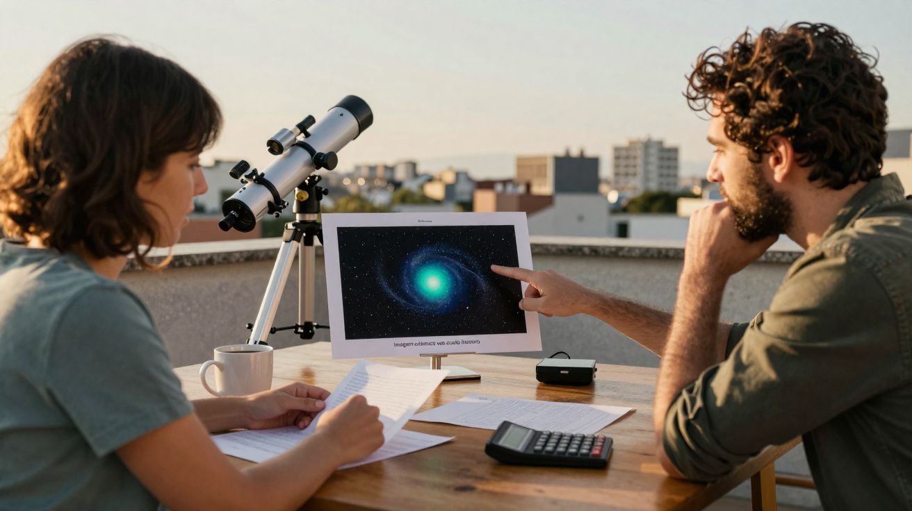 Duas pessoas a observar imagem de galáxia num computador com telescópio e calculadora numa mesa exterior.