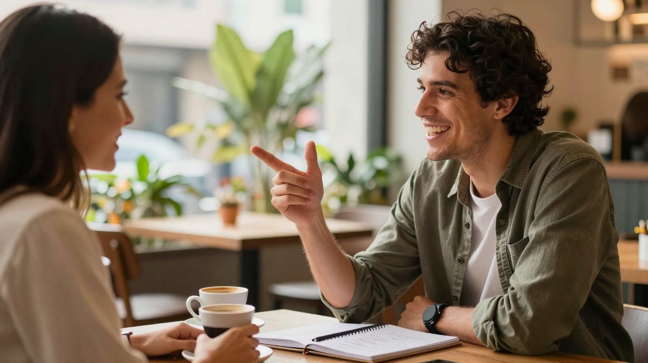 Dois jovens conversam animadamente numa cafetaria, com cafés e um caderno sobre a mesa.
