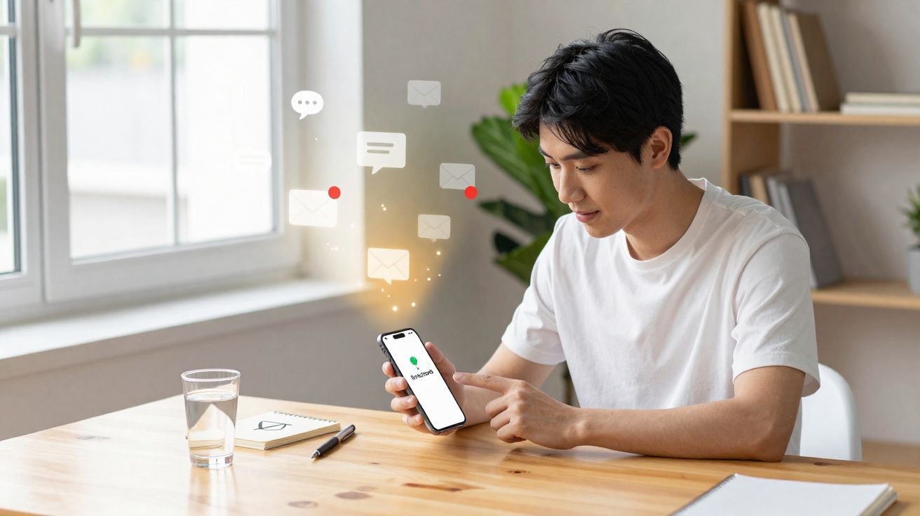 Homem sentado à mesa a consultar mensagens no smartphone numa sala iluminada.