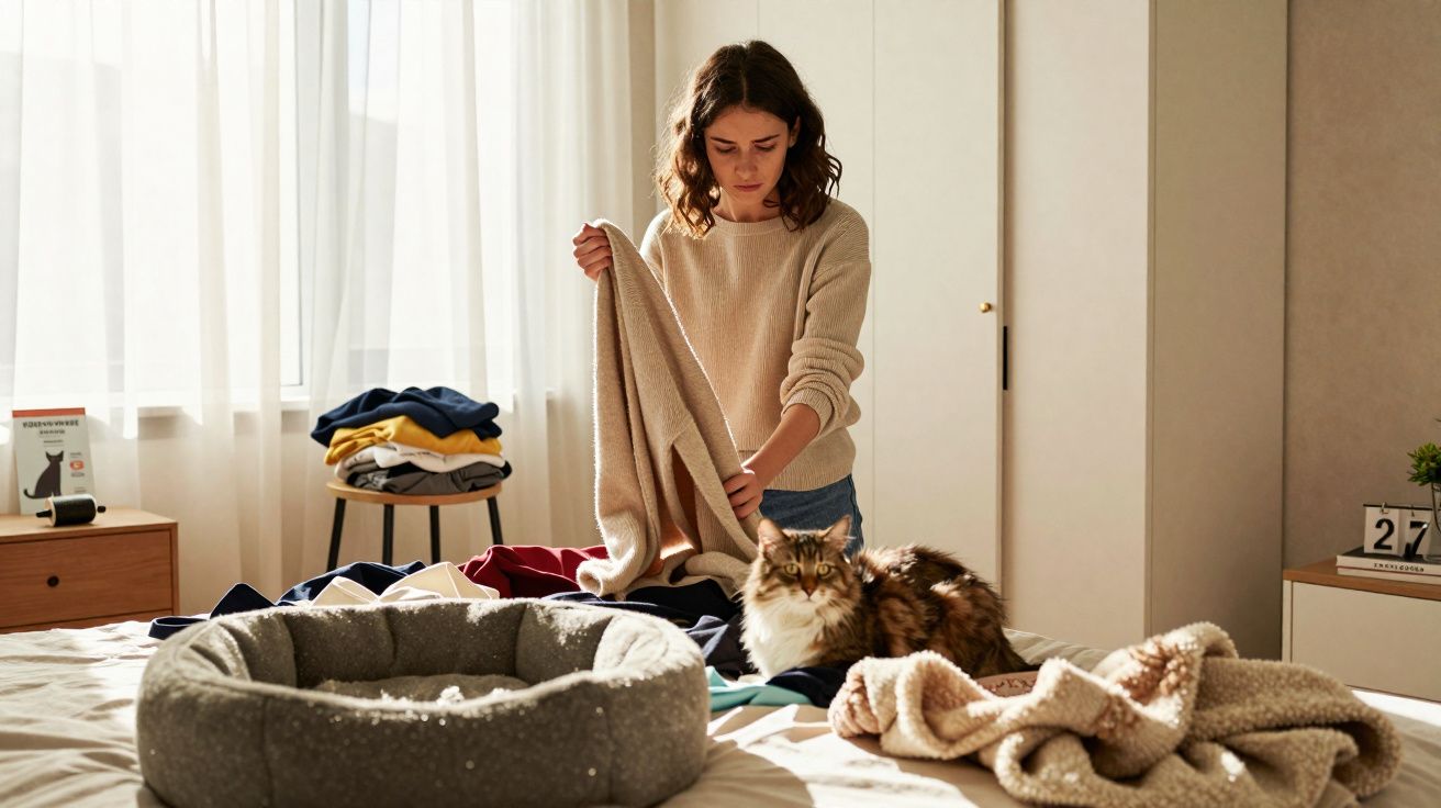 Mulher a arrumar roupa na cama com um gato a olhar para a frente, quarto iluminado com luz natural.