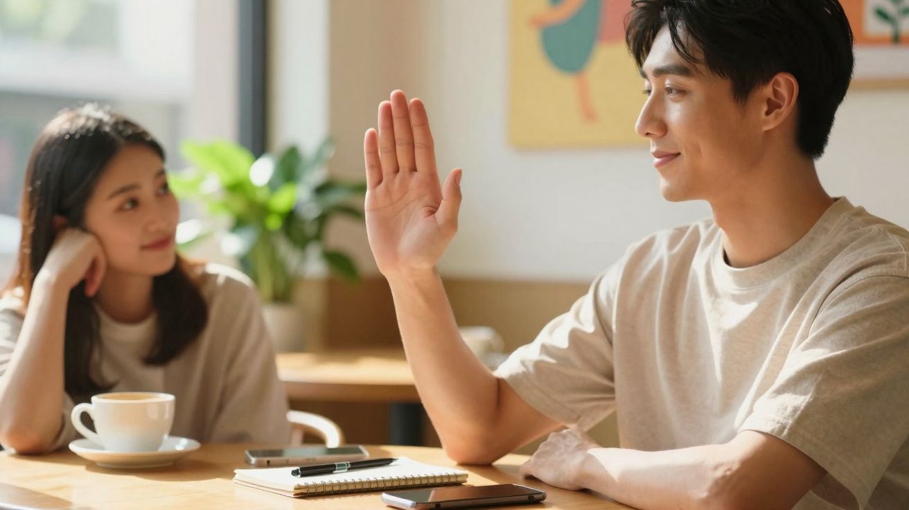 Homem levanta a mão numa conversa com mulher num café, com caderno e telemóvel na mesa.