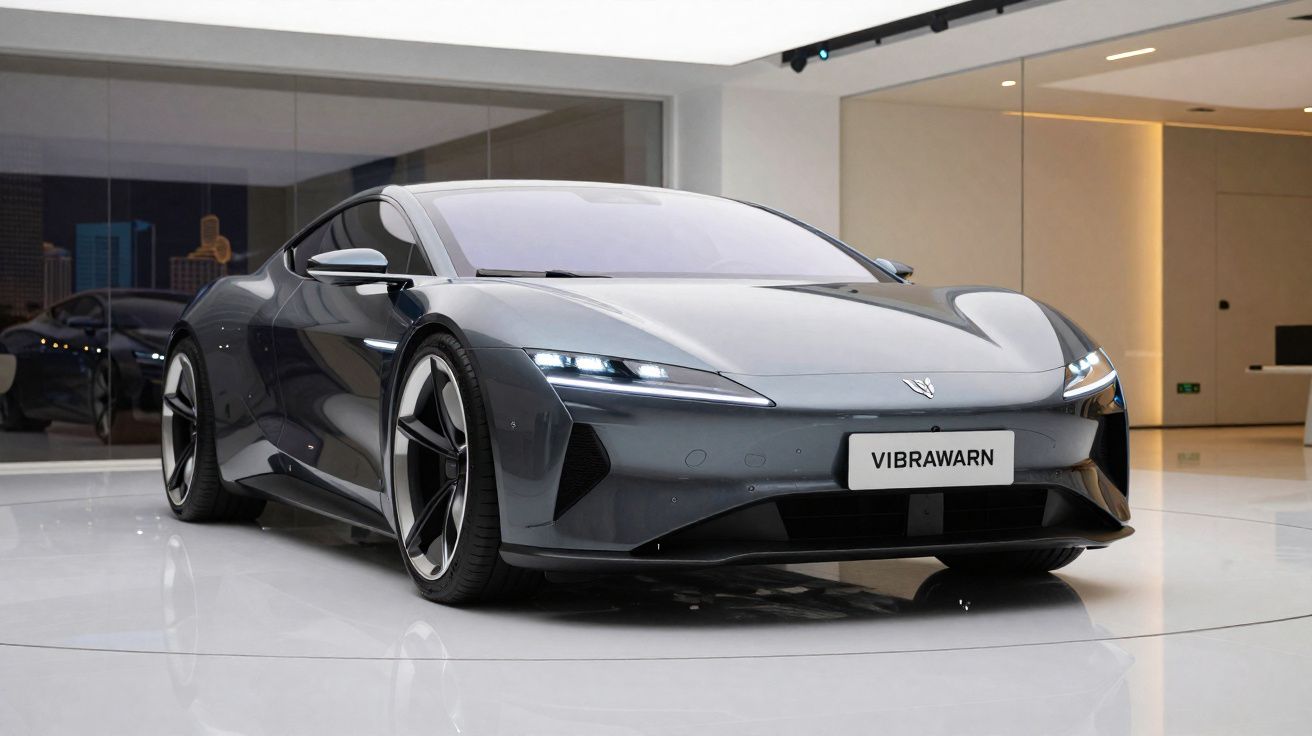 Carro desportivo elétrico cinza escuro, moderno e aerodinâmico, em exposição num espaço interior elegante.