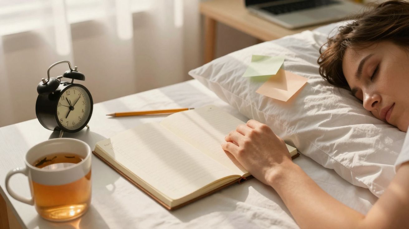 Pessoa a dormir na cama com livro aberto, relógio, chá e lápis numa mesa ao lado, iluminação suave.