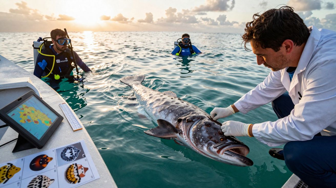 Cientista com luvas examina peixe gigante junto a dois mergulhadores na água ao pôr do sol.