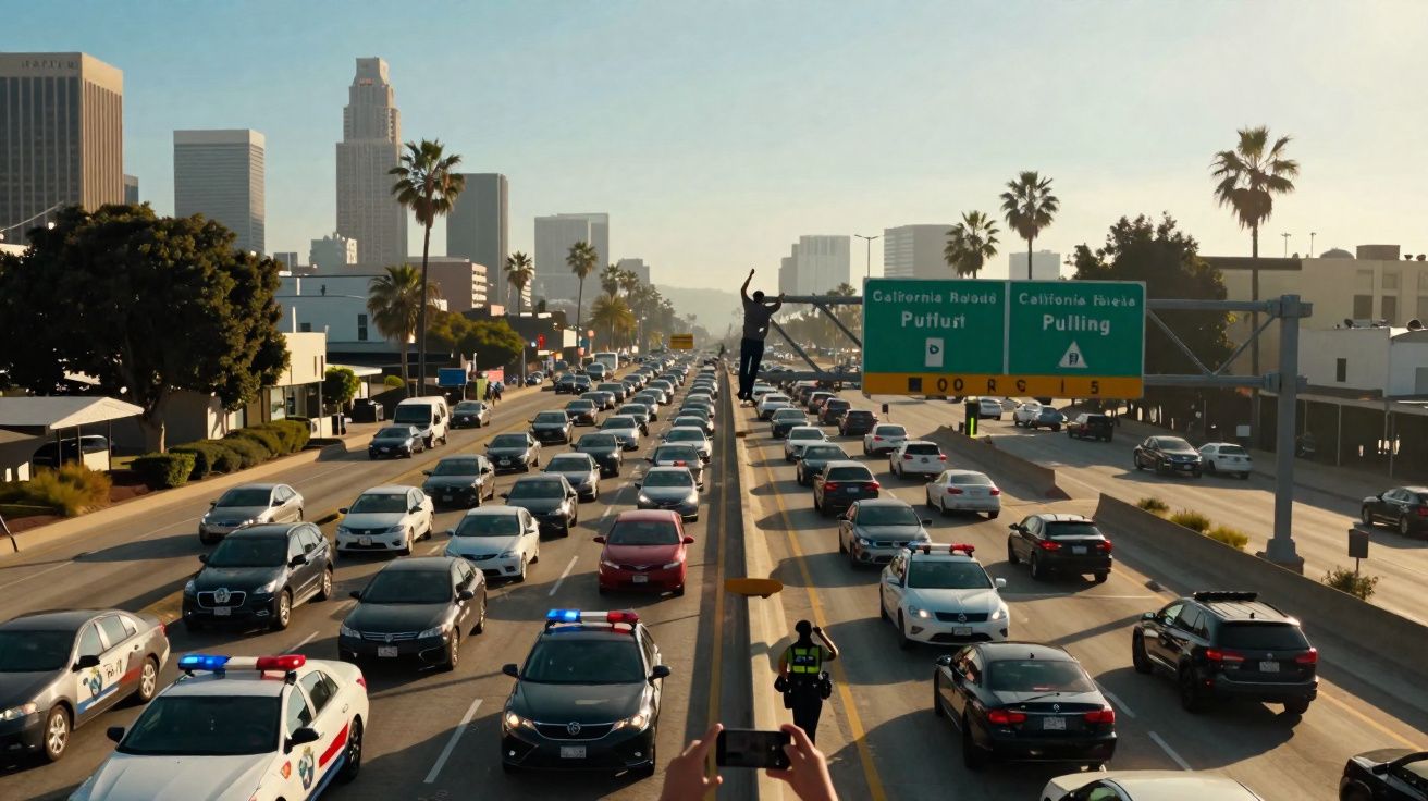 Vista panorâmica de trânsito intenso numa autoestrada com prédios e palmeiras ao fundo ao pôr do sol.