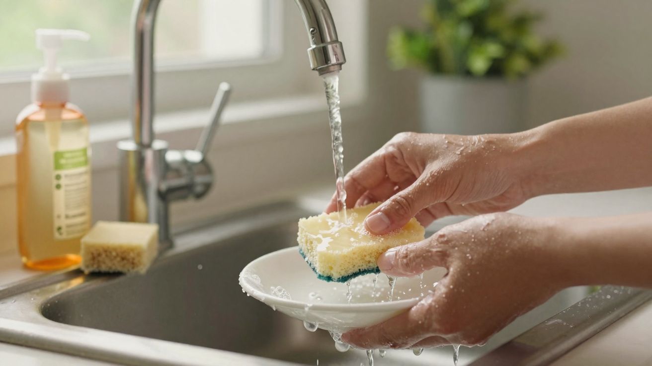 Mãos a lavar um prato branco com uma esponja amarela e azul, com água a correr da torneira da cozinha.