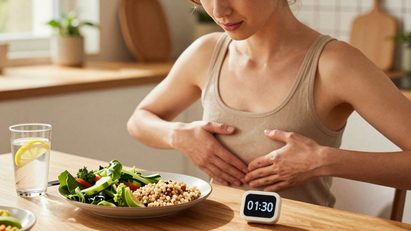 Mulher a verificar saúde mamária sentada à mesa com prato de comida saudável e copo de água com limão.