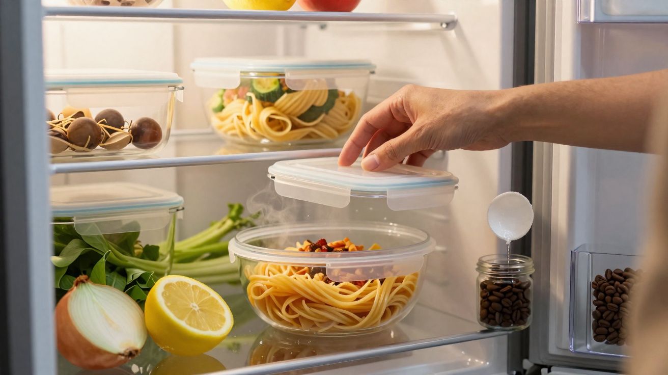 Mão a fechar tampa de marmita com esparguete quente dentro de frigorífico com legumes e temperos.