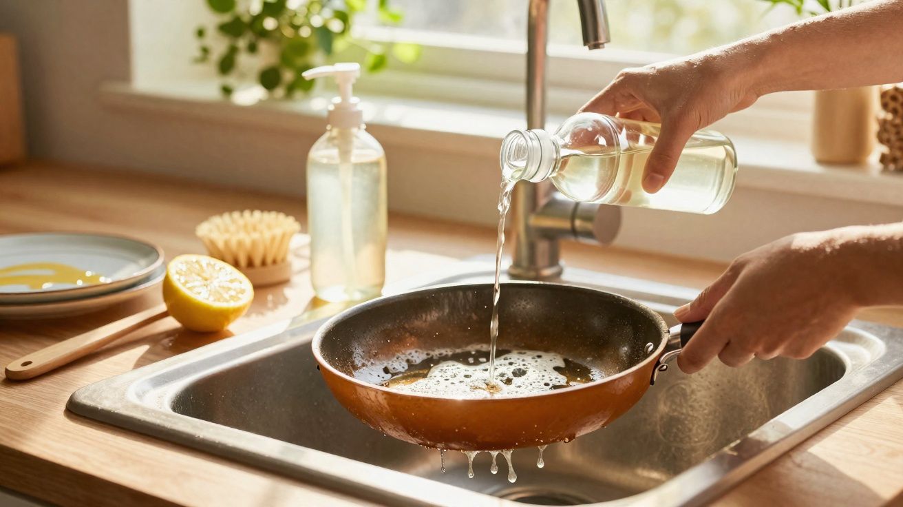 Mãos a deitar líquido numa frigideira num lava-loiça, com meia lima e detergente ao fundo.