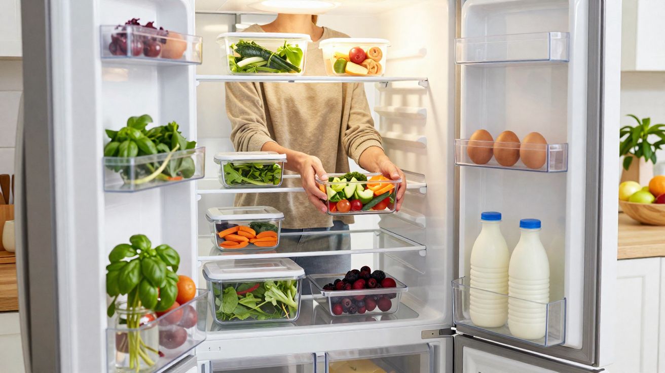 Interior de frigorífico com legumes e frutas frescas em recipientes de vidro, pessoa a organizar.