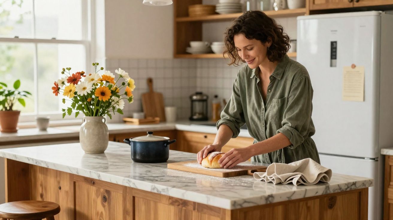 Mulher a cortar pão numa bancada de cozinha com flores e utensílios ao fundo, ambiente acolhedor e iluminado.