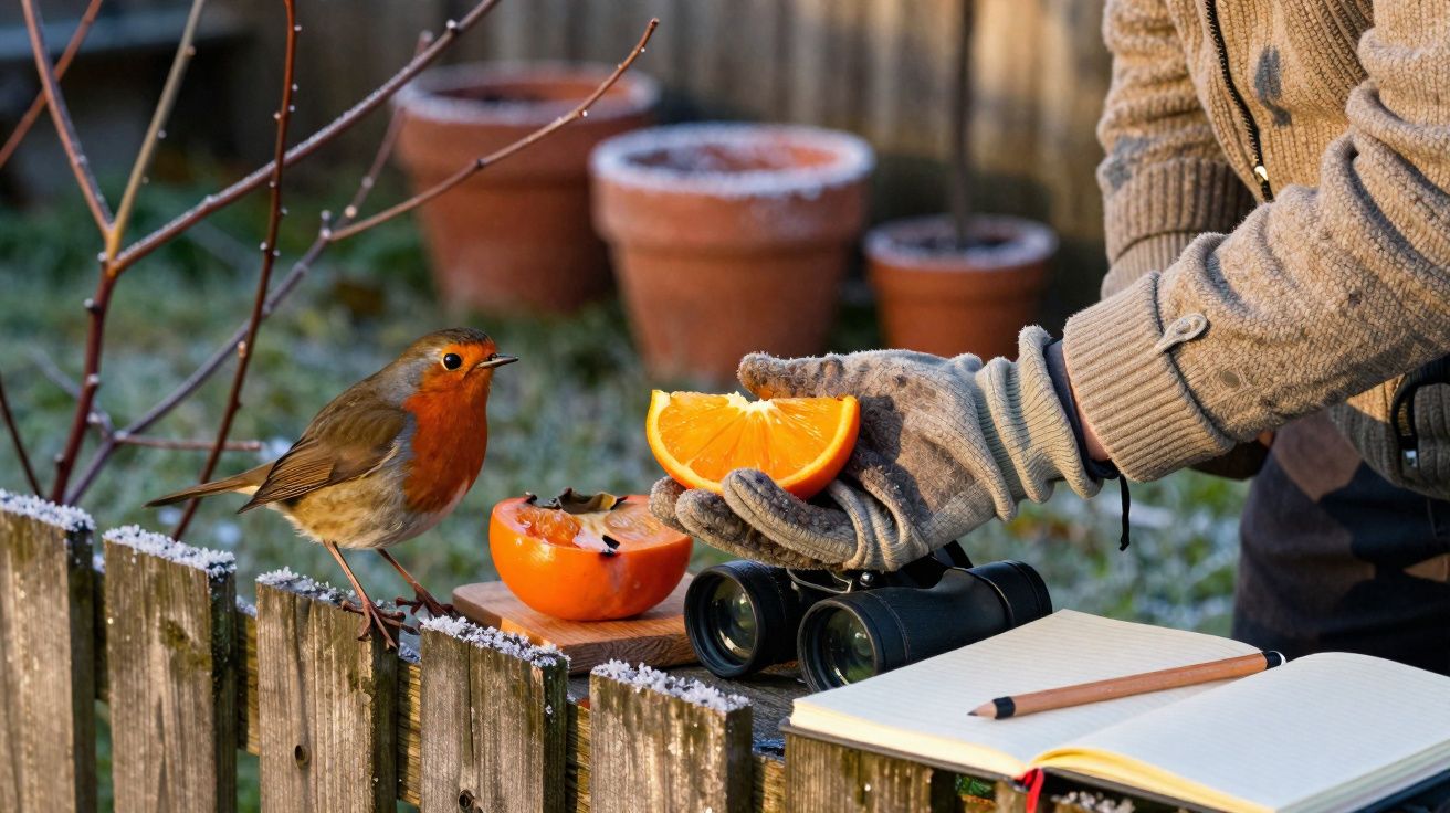 Pássaro no cerca perto de uma pessoa de luvas oferecendo uma fatia de laranja, com binóculos e caderno ao lado.