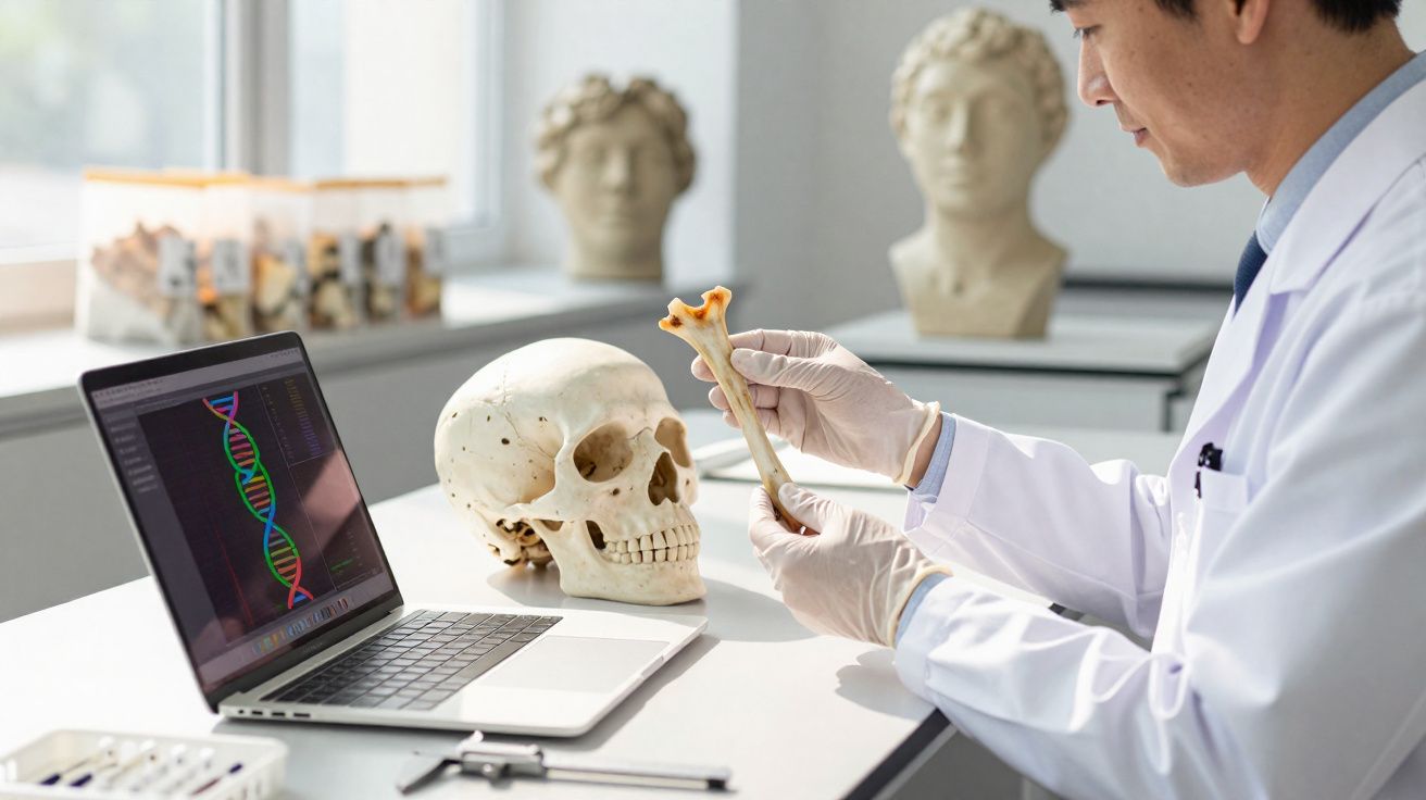 Cientista em bata branca analisa osso humano com crânio ao lado e imagem de ADN no computador portátil.