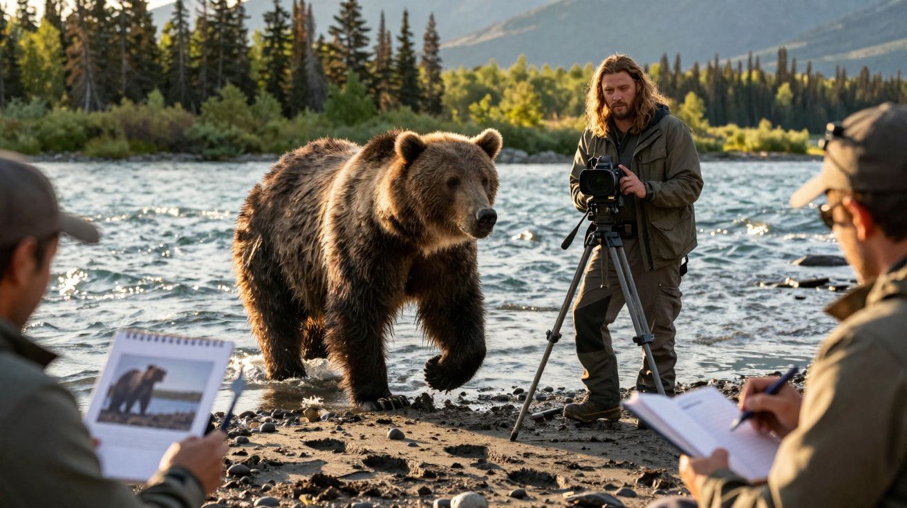 Urso castanho perto de fotógrafos e investigadores num rio rodeado por árvores e montanhas.