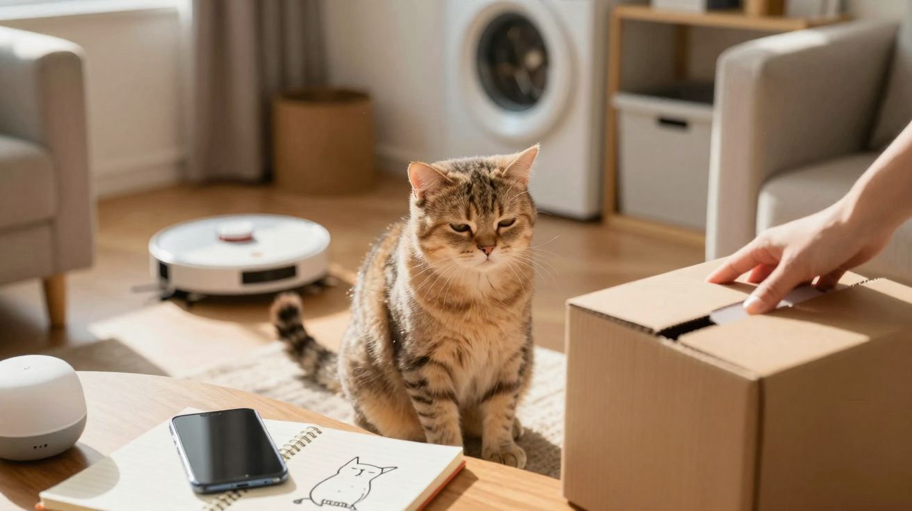 Gato sentado no chão de uma sala com caixa de cartão, telemóvel, caderno e aspirador robô ao fundo.