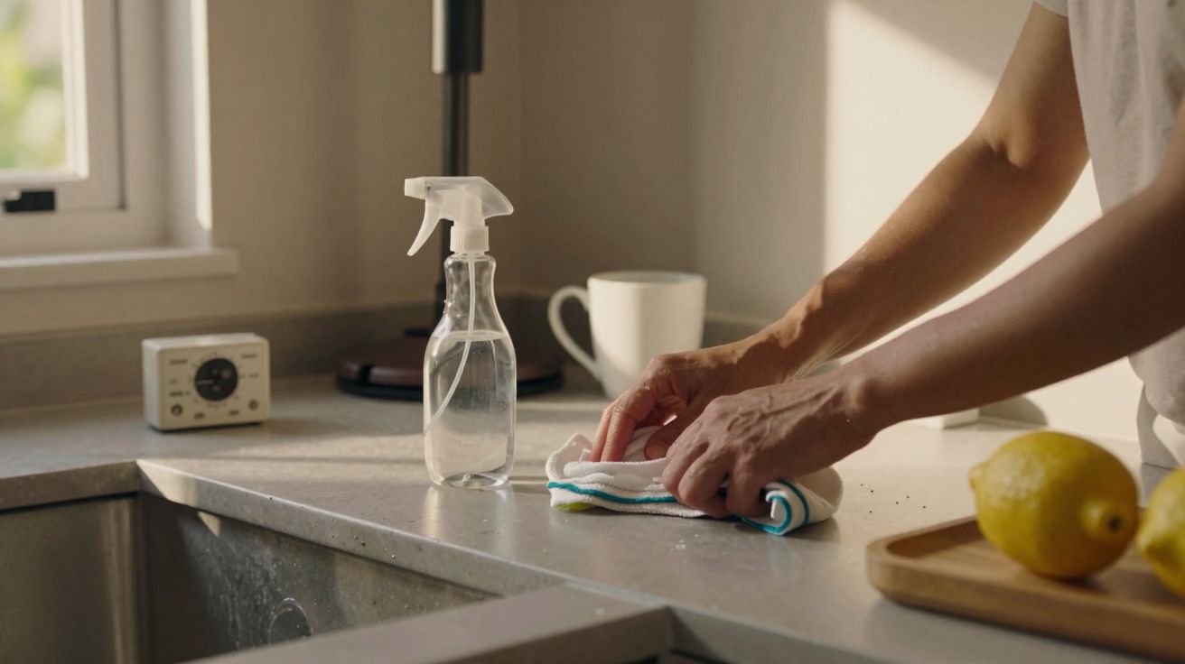 Pessoa a limpar bancada de cozinha com pano e pulverizador ao lado, com limões e chávena na mesa.