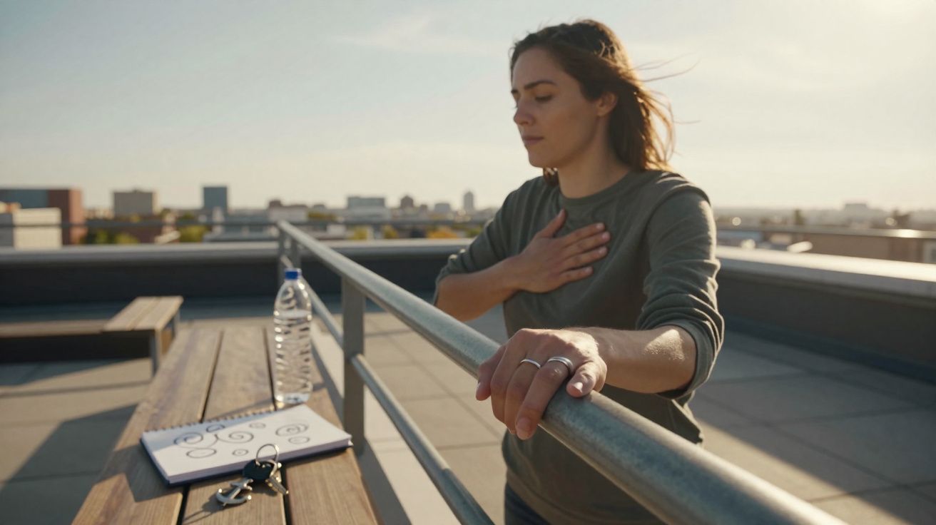 Mulher a praticar respiração consciente apoiada num corrimão numa esplanada com caderno e garrafa de água.