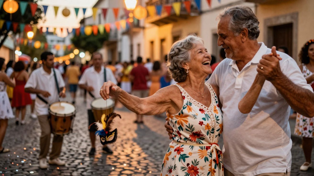 Casal sénior a dançar alegremente numa festa popular ao ar livre com músicos ao fundo.