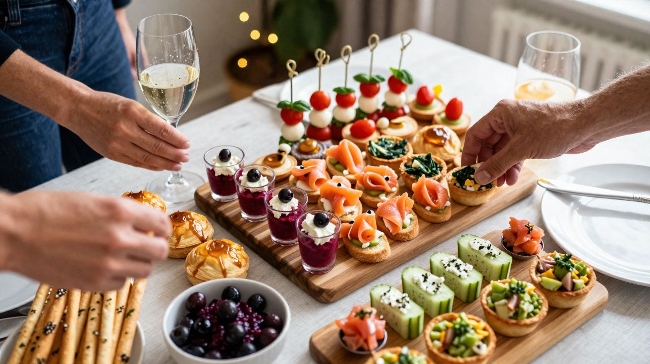 Mesa com petiscos variados, frutos do mar, vegetais e bebidas à disposição para festa.